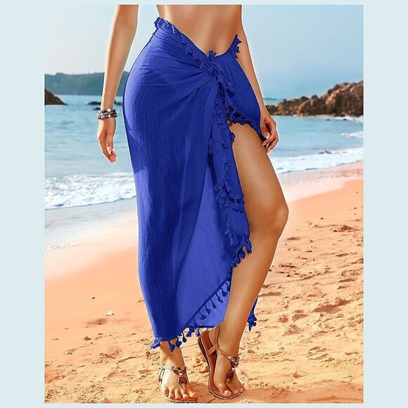 BEACH Sarong Pareo Womens Semi-Sheer Swimwear Cover Ups 19-royalblue-long - Picture 3 of 6